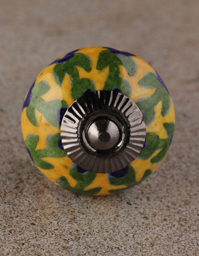 Bead Knobs | Blue Flower And Leaf Design On Yellow Ceramic Dresser Cabinet Bead Knobs Bead Knobs