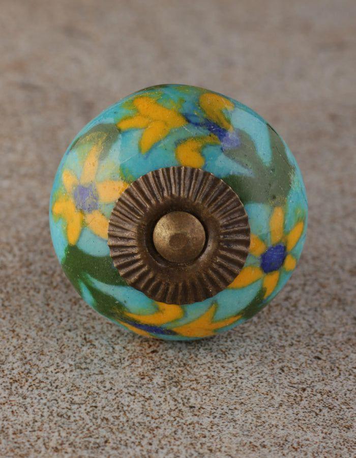 Bead Knobs | Yellow Flower And Green Leaf Design On Turquoise Bathroom Cabinet Bead Knobs Bead Knobs