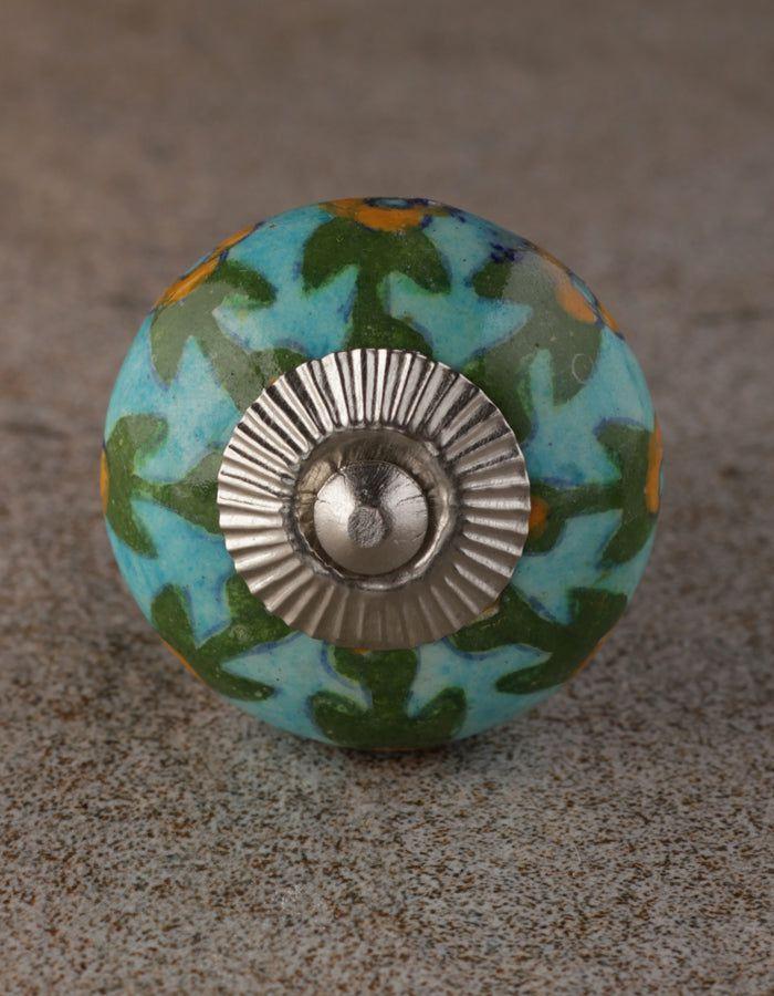 Bead Knobs | Yellow Flower And Leaf Design On Turquoise Ceramic Dresser Cabinet Bead Knobs Bead Knobs