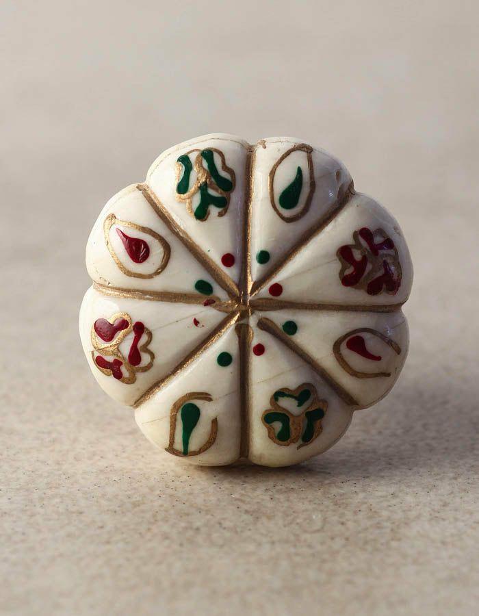 Bone Knobs | Red And Green Designs On Flower Shaped White Resin Bone Cupboard Bone Knobs Bone Knobs