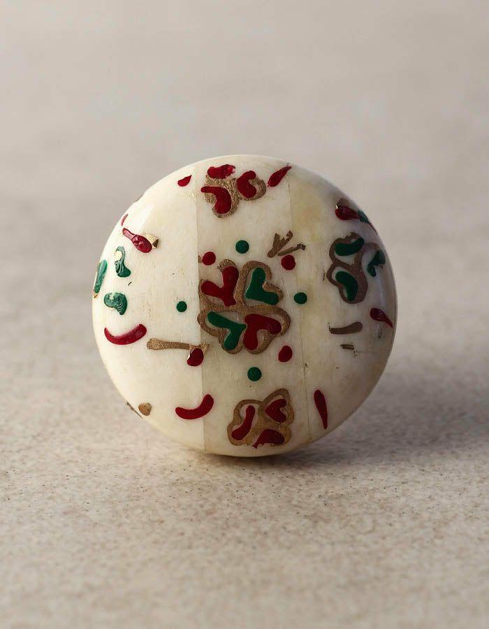 Bone Knobs | Round White Resin Bone Kitchen Cabinet With Red And Green Prints Bone Knobs Bone Knobs