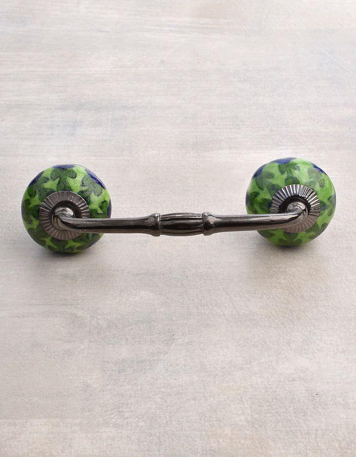 Ceramic Knobs Pull | Blue Flower and Green Leaf with Lime Green Base Ceramic Door Pull Ceramic Knobs Pull Ceramic Knobs Pull