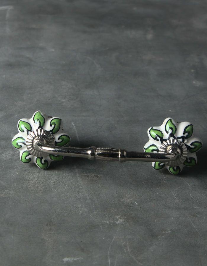 Ceramic Knobs Pull | Floral White Royal Ceramic Door Pull With Green Leaves Ceramic Knobs Pull Ceramic Knobs Pull