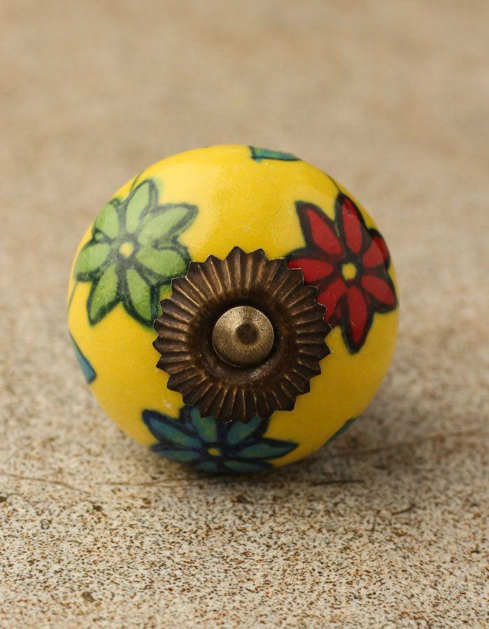 Ceramic Knobs | Yellow Base Ceramic With Red, Green And Turquoise Flowers Cabinet Knobs Ceramic Knobs