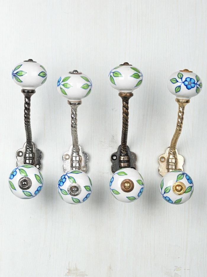 Ceramic Wall Hanger | Turquoise Flower On White Ceramic Cabinet With Metal Wall Hanger Hooks/Hangers Ceramic Wall Hanger