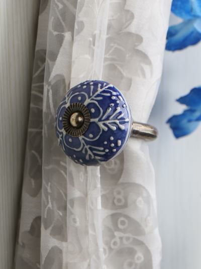 Curtain Tie | Curtain Tie Backs Hook Decorative Wall Hook-Blue Emmbosed Design (Set of Two) Curtain Tie Curtain Tie