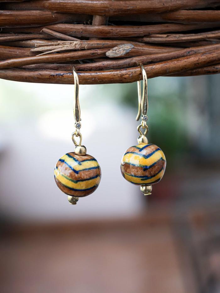 Earrings | Handmade Single Bead Blue Pottery Earrings (Brown & Yellow) Earrings Earrings