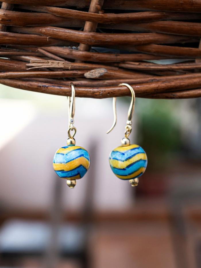 Earrings | Handmade Single Bead Blue Pottery Earrings (Turquoise & Yellow) Earrings Earrings