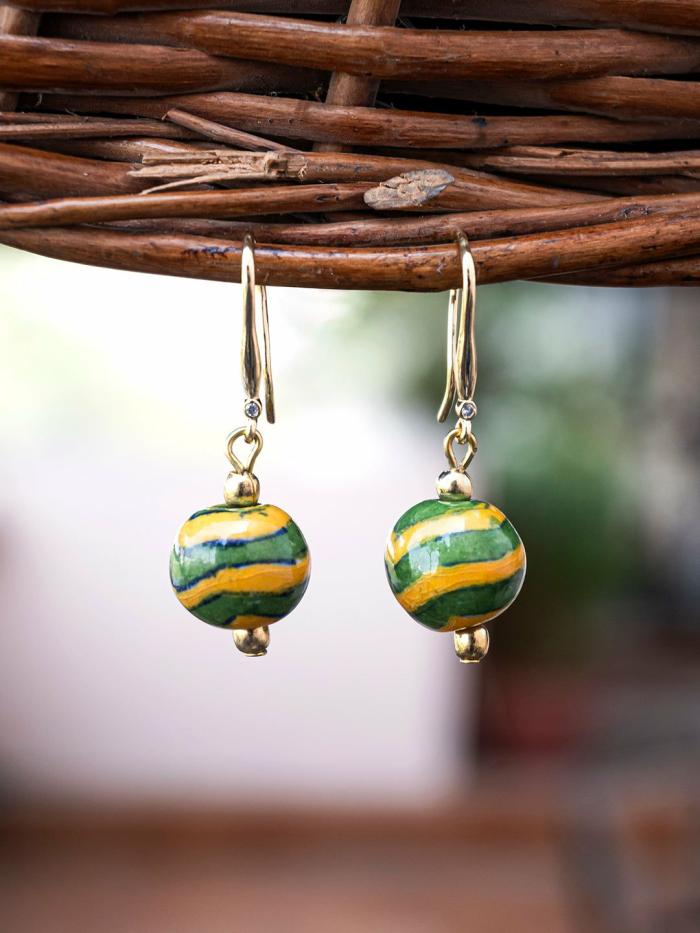 Earrings | Handmade Single Bead Blue Pottery Earrings (Yellow & Green) Earrings Earrings