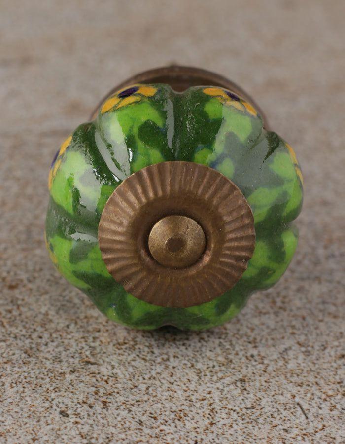 Melon Knobs | Yellow Flowers And Green Leaf with Dark Green Base Melon Cabinet Knobs Melon Knobs