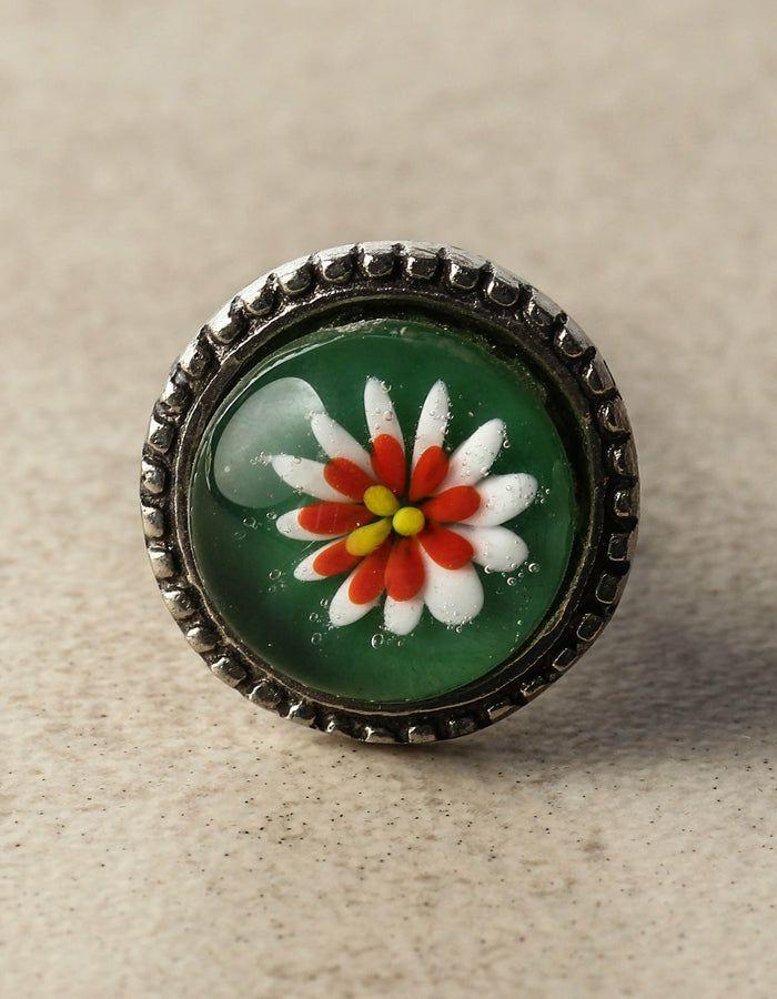 Metal Knobs | Green, White, Red and Yellow Flower Glass on a Metal Base Cabinet Knobs Metal Knobs