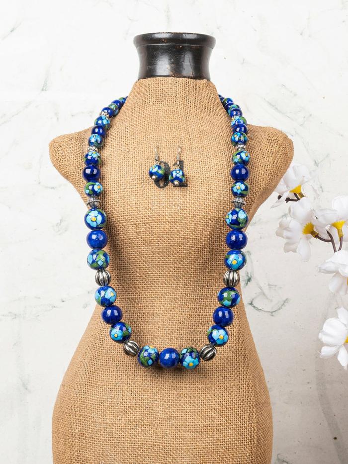 Necklace | Full Blue Pottery Bead Long Necklace (Blue) Jewellery Necklace