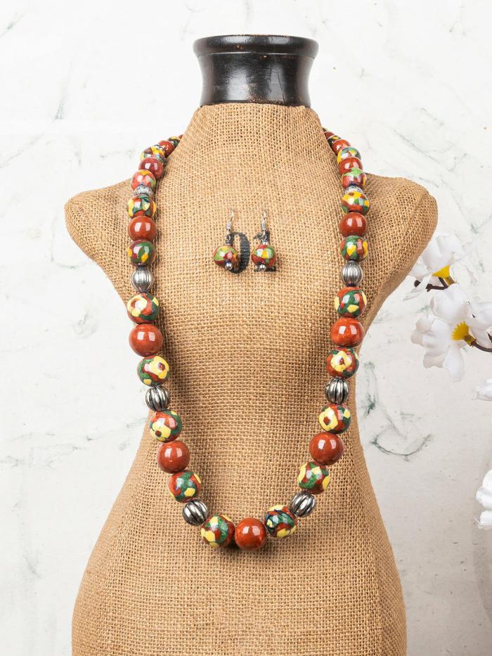 Necklace | Full Blue Pottery Bead Long Necklace (Red) Necklace