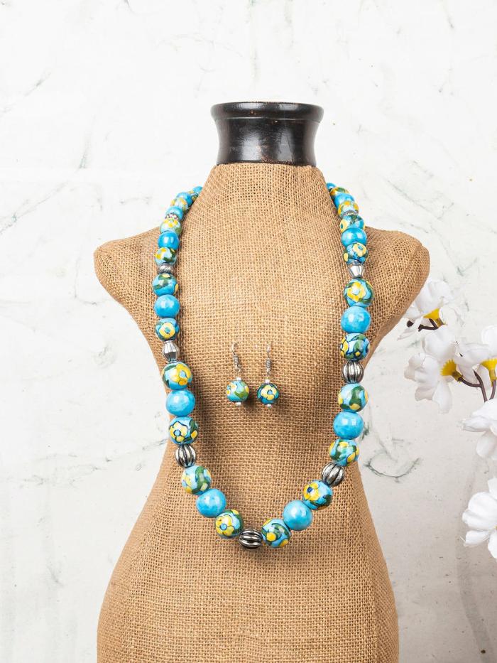 Necklace | Full Blue Pottery Bead Long Necklace (Turquoise) Jewellery Necklace