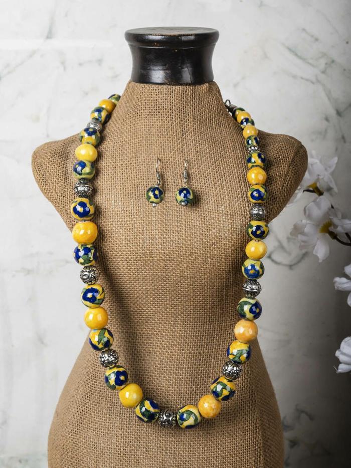 Necklace | Full Blue Pottery Bead Long Necklace (Yellow) Jewellery Necklace