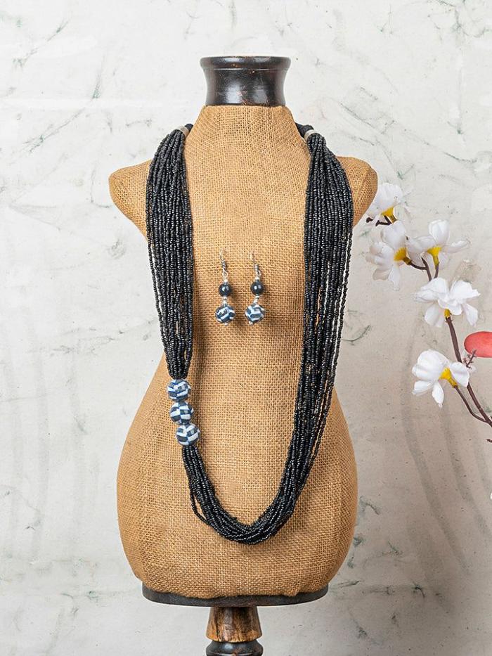 Necklace | Handmade Black Color Blue Pottery Three Bead Side Necklace with Earrings Jewellery Necklace