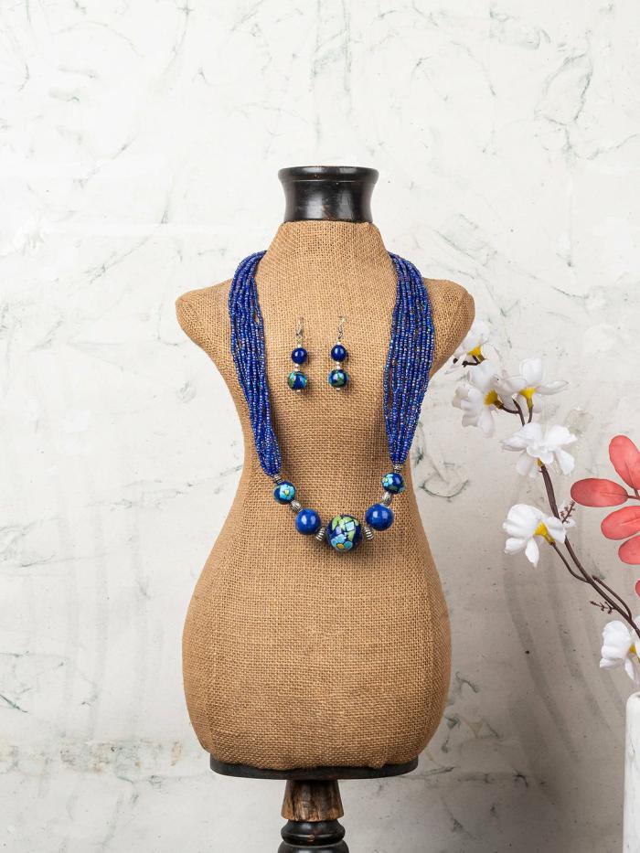 Necklace | Handmade Blue Color Blue Pottery Three Bead Side Necklace with Earrings Jewellery Necklace