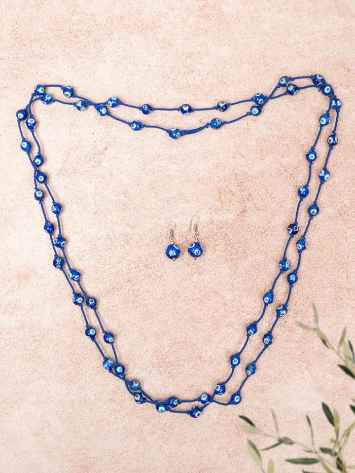 Necklace | Handmade Blue Pottery Bead Evil Eye Long Necklace(Blue) Jewellery Necklace