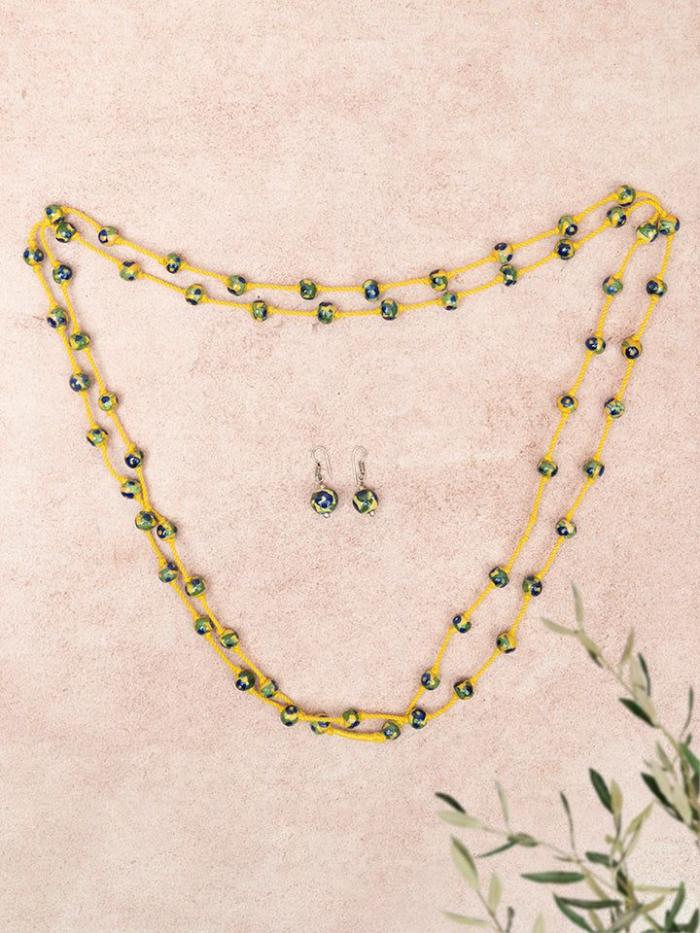 Necklace | Handmade Blue Pottery Bead Evil Eye Long Necklace(Yellow) Jewellery Necklace