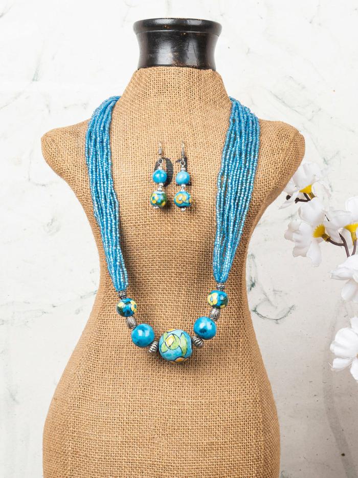 Necklace | Handmade Blue Pottery Five Bead Necklace with Earrings (Turquoise) Jewellery Necklace