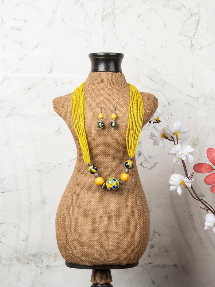 Necklace | Handmade Blue Pottery Five Bead Necklace with Earrings (Yellow) Jewellery Necklace