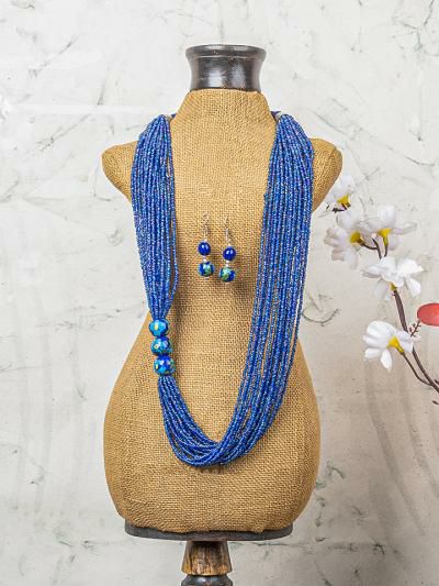 Necklace | Handmade Blue Pottery Five Bead Necklace with Earrings(Blue) Jewellery Necklace