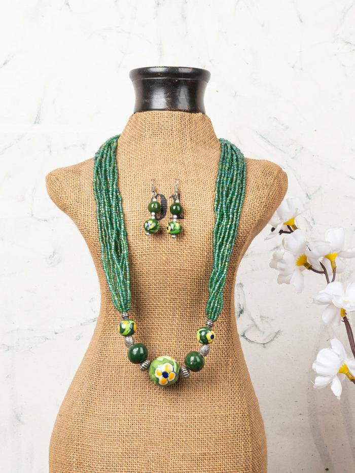 Necklace | Handmade Blue Pottery Five Bead Necklace with Earrings(Green) Jewellery Necklace