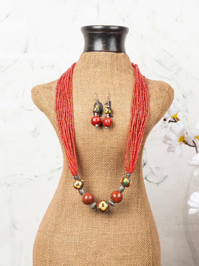 Necklace | Handmade Blue Pottery Five Bead Necklace with Earrings(Red) Jewellery Necklace