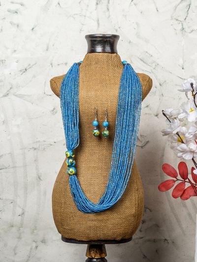 Necklace | Handmade Turquoise Color Blue Pottery Three Bead Side Necklace with Earrings Jewellery Necklace