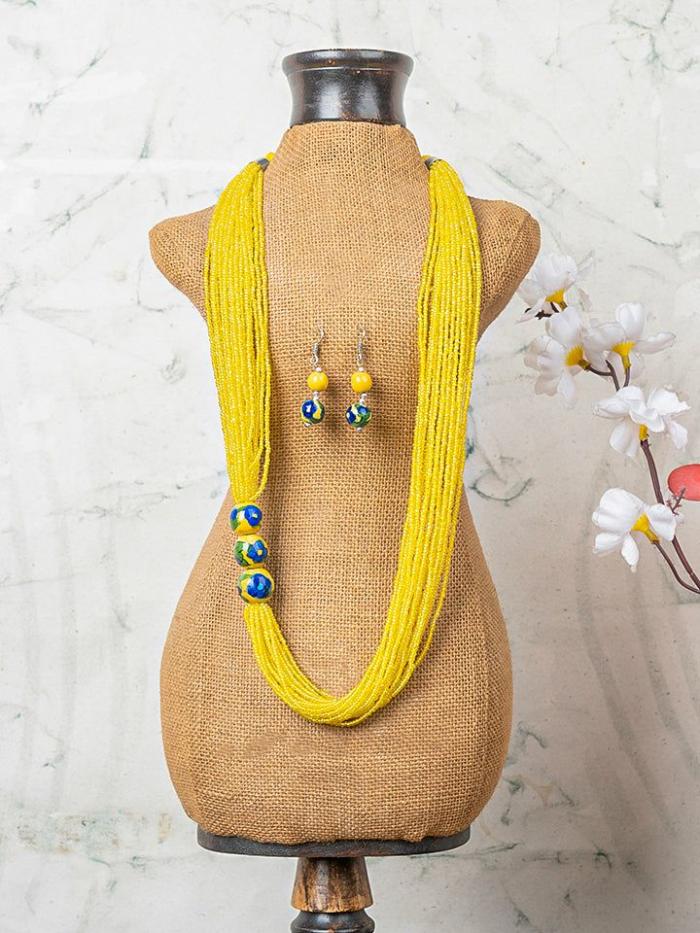 Necklace | Handmade Yellow Color Blue Pottery Three Bead Side Necklace with Earrings Jewellery Necklace