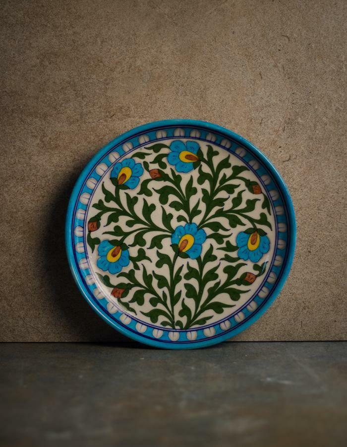 Plates-10” | Green Leaves and Turquoise Flowers on White Base Plate 10 Plates Plates-10''