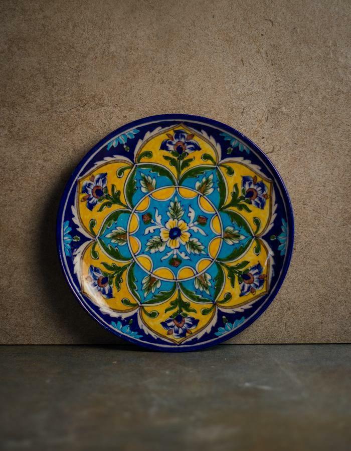 Plates-10” | Turquoise Flowers and Yellow Pattern On Blue Base Plate 10 Plates Plates-10''