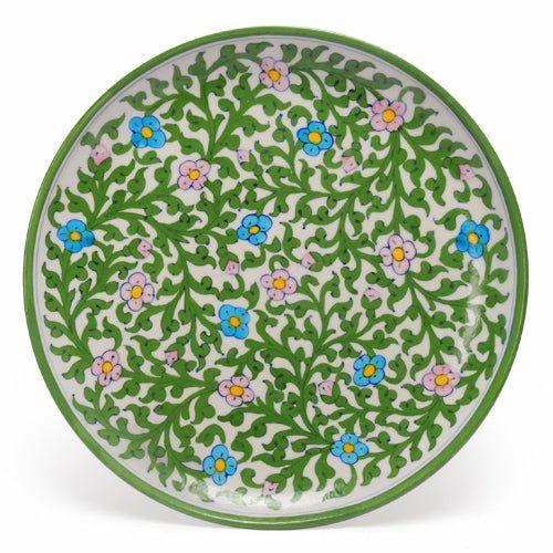 Plates-12” | Pink and Turquoise Flowers and Green Leaves on White Base Plate 12 Plates Plates-12''