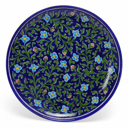 Plates-12” | Turquoise Flowers and Green Leaves on Blue Base Plate 12 Plates Plates-12''