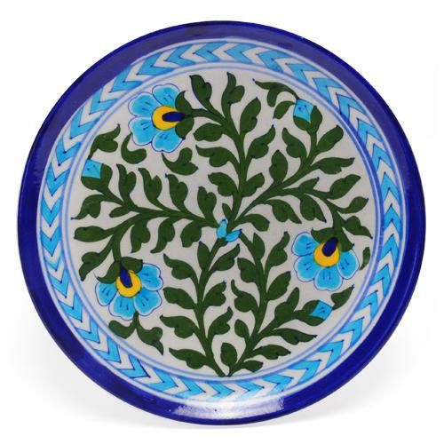 Plates-8” | Green Leaves and Turquoise Flowers on White Base Plate 8 Plates Plates-8''