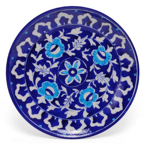 Plates-8” | White Leaves and Turquoise Flowers on Blue Base Plate 8 Plates Plates-8''