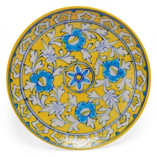 Plates-8” | White Leaves and Turquoise Flowers on Yellow Base Plate 8 Plates Plates-8''