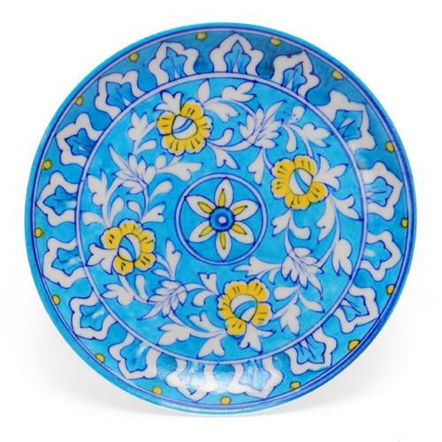 Plates-8” | White Leaves and Yellow Flowers on Turquoise Base Plate 8 Plates Plates-8''