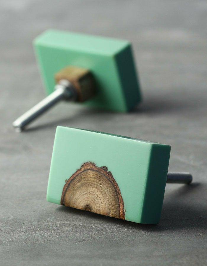 Resin Ornamented Wooden Knobs | Vintage Sea Green And Wooden Resin Rectangular Shaped Cupboard Cabinet Knobs Resin Ornamented Wooden Knobs