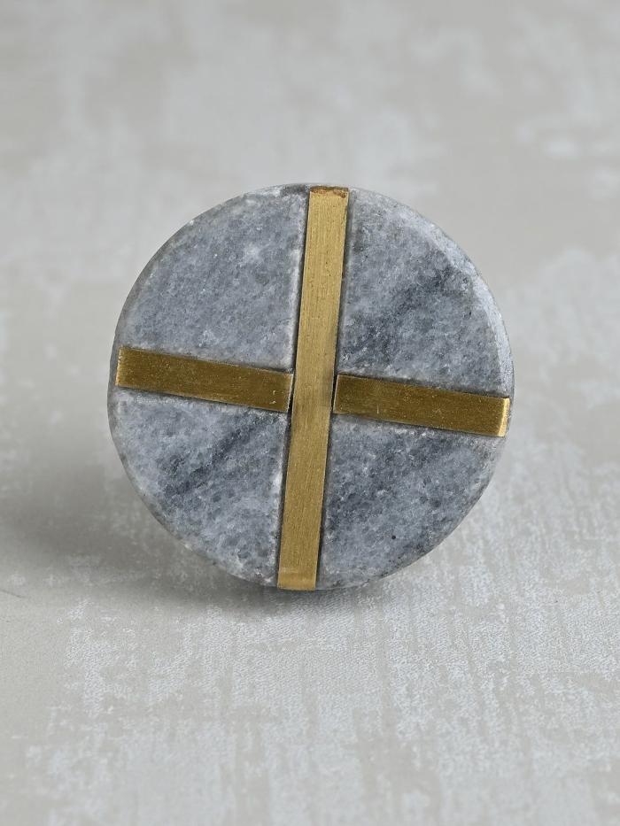 Stone Knobs | Round Marbled Stone and Brass Cross Line Cupboard Door | Circular Stone and Golden Brass Drawer Cabinet Knobs Stone Knobs