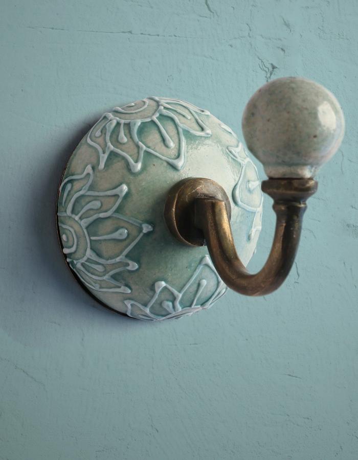 Wall Hooks | Decorative Teal Embossed Ceramic Round Coat Hook Hooks/Hangers Wall Hooks