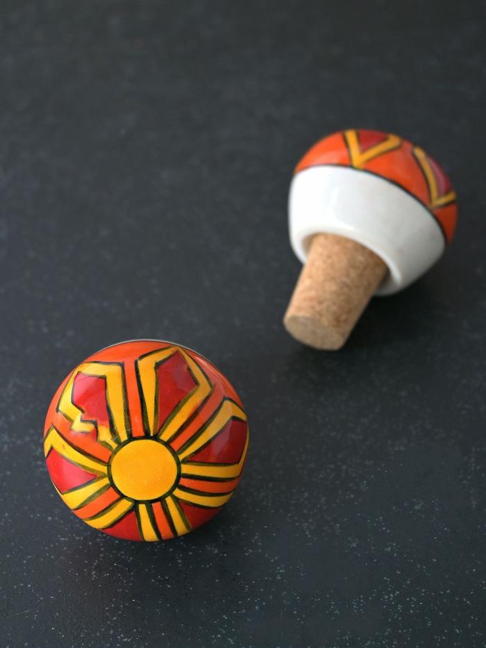 Wine Bottle Stoppers | Multicolor Print On White Ceramic Wine Bottle Stopper (Sold In Set of 2) Cabinet Knobs Wine Bottle Stoppers