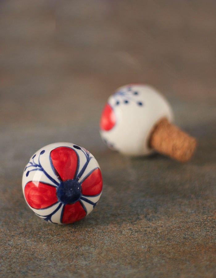 Wine Bottle Stoppers | Red Flower On White Round Ceramic Wine Bottle Stopper (Sold In Set of 2) Cabinet Knobs Wine Bottle Stoppers