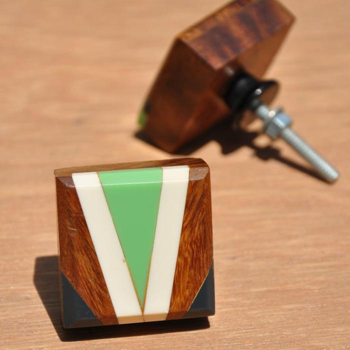 Wooden & Resin Knob | Stylish Wooden Square Drawer With White And Aqua Green V Design Cabinet Knobs Wooden & Resin Knob