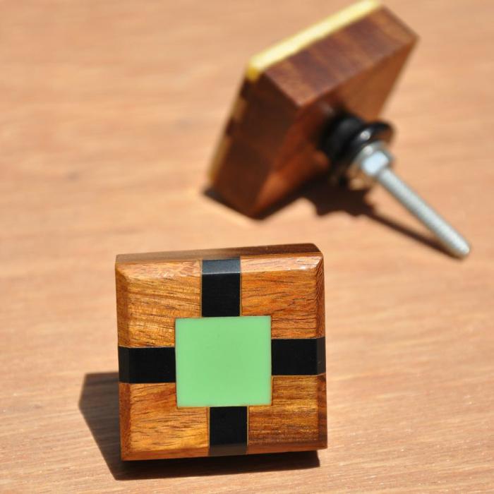 Wooden & Resin Knob | Wooden Square Drawer With Black And Aqua Green Resin Design Cabinet Knobs Wooden & Resin Knob