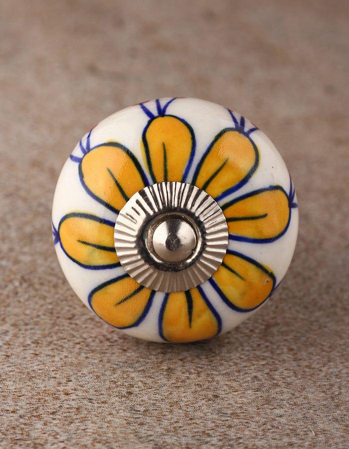 Ceramic Knobs | Elegant White Base Ceramic Door With Yellow Flower Cabinet Knobs Ceramic Knobs