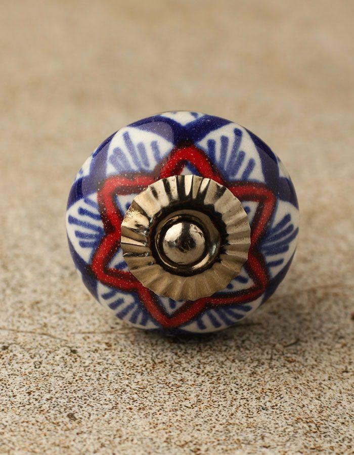 Ceramic Knobs | Elegant White Ceramic Cabinet With Red And Blue Print Cabinet Knobs Ceramic Knobs