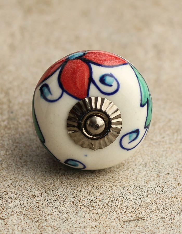 Ceramic Knobs | White Ceramic Designer With Red, Turquoise And Blue Floral Design Cabinet Knobs Ceramic Knobs