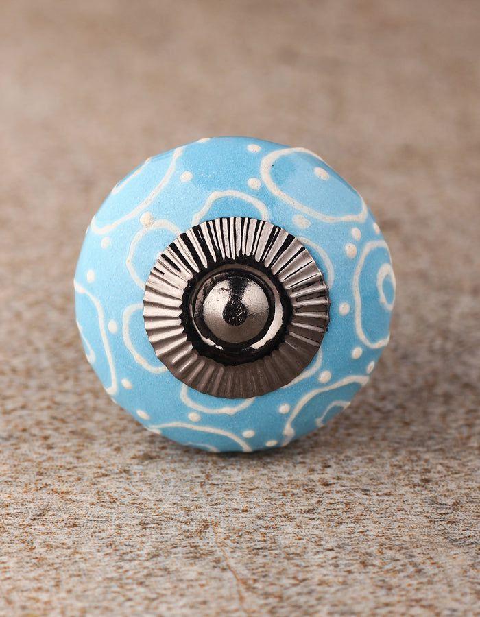 Ceramic Knobs | White Cracked Embossed Design On Turquoise Base Cabinet Cabinet Knobs Ceramic Knobs