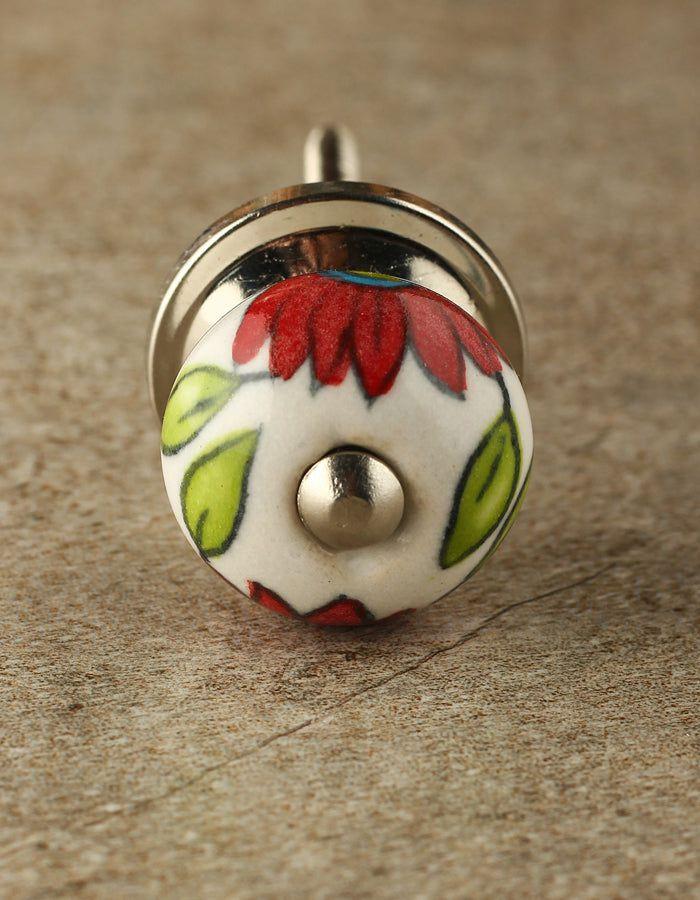 Ceramic Knobs | White Round Kitchen Cabinet With Red Flowers Cabinet Knobs Ceramic Knobs